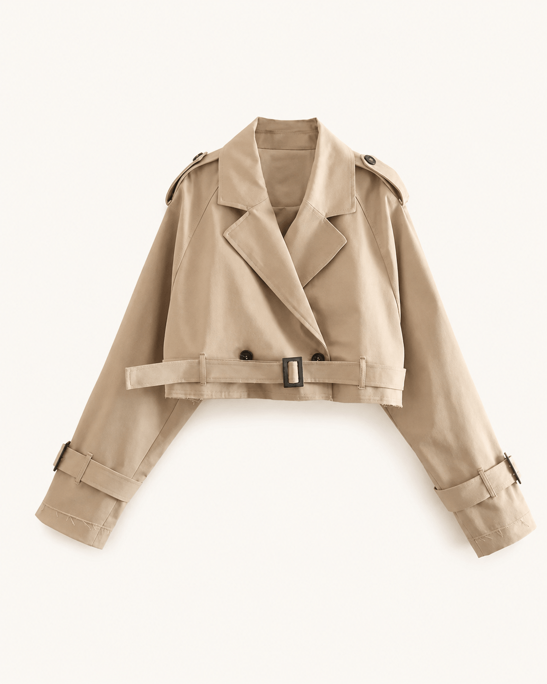 Veste trench courte camel Maison Hishma, vue de face à plat, ceinture et ourlet à bord franc